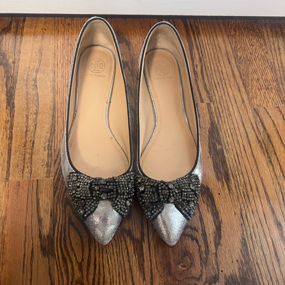 Tory Burch Metallic Silver Pointed Toe Flats with Black Beaded Bow